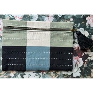 Anchal Project Handmade Kantha Zipper Pouch Colorblock Canvas Pouch Tassel 9"-6"